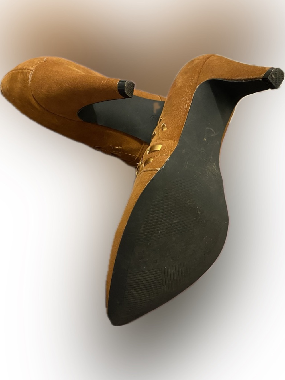 Pointed Suede Ankle Booties with Decorative Cutouts in Tan - Picture 11 of 16